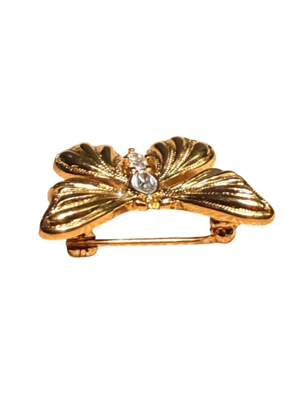 Vintage Monet Gold Tone Butterfly Brooch Clear Rhinestone Signed Romantic Pin